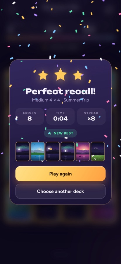 Win screen with three stars, Perfect recall, 8 moves in 4 seconds and a strip of every pair found
